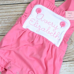 Monogrammed baby girl ruffle bubble in color block pink and white, baby girl sunsuit, personalized big sister little sister outfits