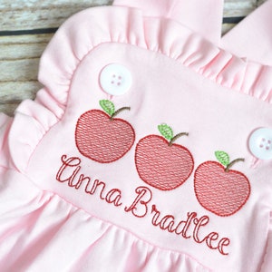 Monogrammed baby girl back to school outfit, monogrammed girls apple back to school bubble romper, cross backed sunsuit preschool outfit