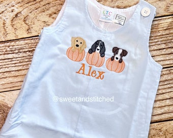 Monogrammed boys pumpkin overalls in baby blue corduroy, Boys halloween fall outfit with dogs and pumpkins, baby boy thanksgiving outfit