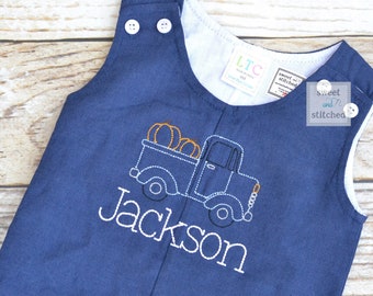 Monogrammed baby boy jon jon with pumpkin truck design, baby boy fall or thanksgiving outfit, pumpkin outfit, monogrammed jon jon