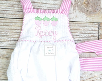 Monogrammed baby girl ruffle bubble with strawberries, pink strawberry birthday outfit, 1st birthday cake smash outfit, Summer Beach Outfit