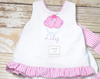 Baby girl swing back bloomer set, cupcake birthday outfit, Monogrammed cake smash outfit, baby bloomer set, 1st birthday outfit