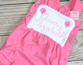 Monogrammed baby girl ruffle bubble in color block pink and white, baby girl sunsuit, personalized big sister little sister outfits