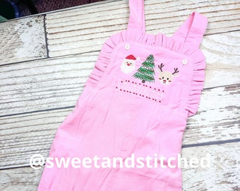 Baby girl monogrammed Christmas overalls with Christmas trio, santa reindeer and tree corduroy overalls, Christmas outfit, Corduroy overalls