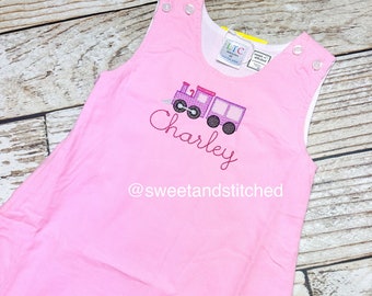Baby girl monogrammed train birthday jumper dress, monogrammed train birthday party outfit, train birthday cake smash