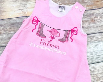 Baby girl monogrammed cowboy birthday jumper dress, monogrammed cowgirl birthday party outfit, boots birthday cake smash