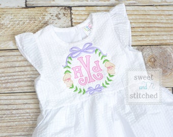 Monogrammed Seersucker Easter dress with bunnies, baby girl easter dress personalized, white seersucker easter dress with bunnies