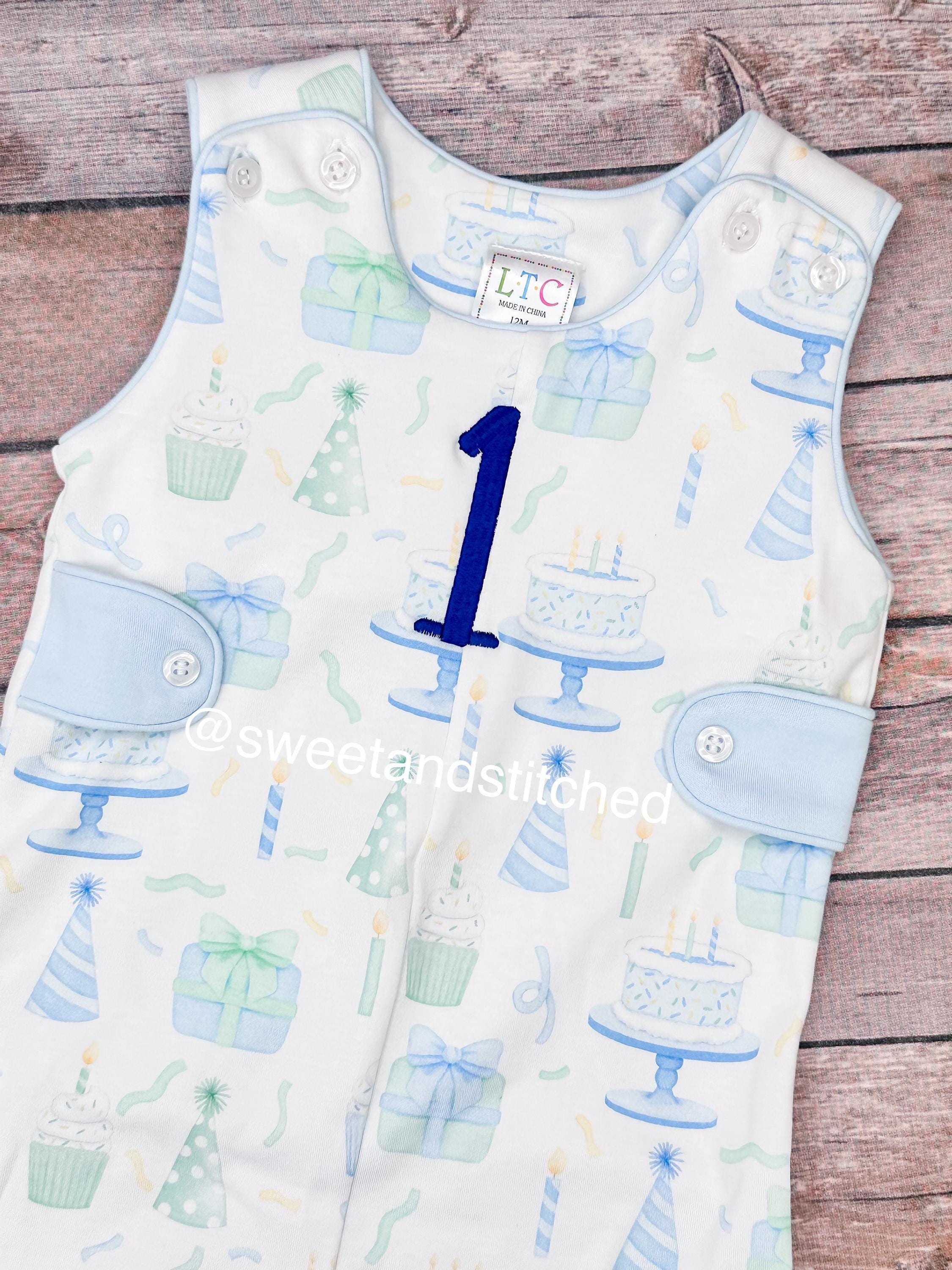 Monogrammed baby boy birthday jon jon with 1, baby boy 1st birthday outfit with birthday print design, cake smash outfit