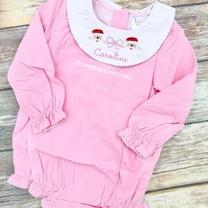 Baby girl monogrammed Christmas bishop bubble in pink corduroy, Ruffle Christmas outfit with Santa design, girls Christmas outfit