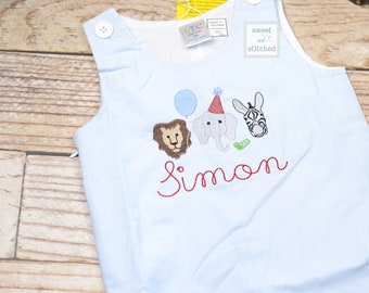 Monogrammed baby boy Birthday overalls with zoo animals, party animal birthday outfit, zoo themed cake smash outfit, zoo birthday outfit