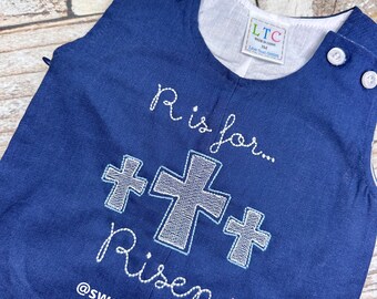 Monogrammed baby boy easter jon jon, baby boy Easter outfit with crosses design, he is Risen outfit, baby boy 1st Easter