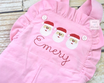 Baby girl monogrammed Christmas overalls with santas, monogrammed corduroy overalls, Pink Cord Christmas outfit, Santa pics