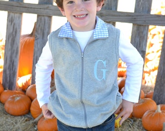 Monogrammed Boys blue and gray gingham vest, boys fall outfit