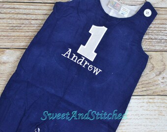 Monogrammed corduroy birthday outfit in navy with number and name, boys winter wonderland 1st birthday outfit, winter cake smash outfit