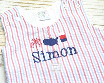 Monogrammed Boys red white and blue romper, Boys 4th of July Outfit, patriotic outfit, monogrammed jon jon, toddler patriotic outfit