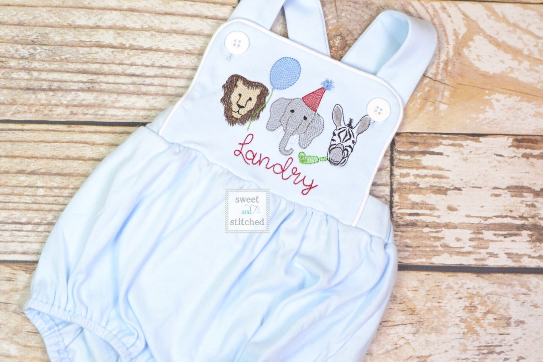 Monogrammed Baby Boy Birthday Romper With Zoo Animals, Party Animal
