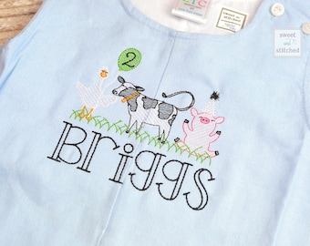 Monogrammed baby boy jon jon with farm birthday design, farm animal baby boy birthday outfit with name, cake smash outfit