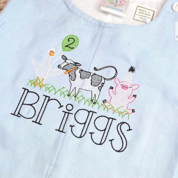 Monogrammed baby boy jon jon with farm birthday design, farm animal baby boy birthday outfit with name, cake smash outfit