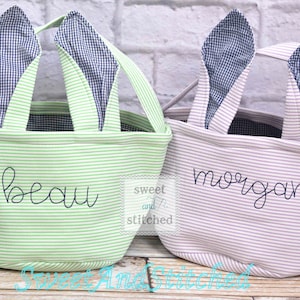 Monogrammed Easter baskets in pink, purple, and blue seersucker, seersucker easter baskets personalized, seersucker tote bags monogrammed