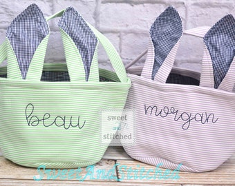 Monogrammed Easter baskets in pink, purple, and blue seersucker, seersucker easter baskets personalized, seersucker tote bags monogrammed