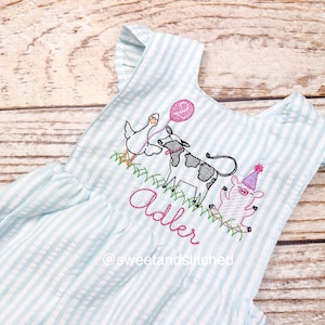 Monogrammed baby girl ruffle bubble with birthday farm animals in  aqua, farm cake smash, cow  1st birthday outfit