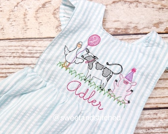 Monogrammed baby girl ruffle bubble with birthday farm animals in  aqua, farm cake smash, cow  1st birthday outfit