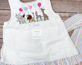 Baby girl swing back bloomer set with zoo theme, party animal birthday outfit, baby bloomer set, cake smash outfit, swing back set