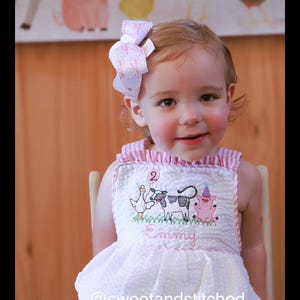 Monogrammed baby girl ruffle bubble with birthday farm animals in pink and white seersucker, farm cake smash, cow 1st birthday outfit