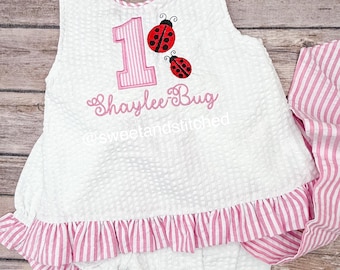 Monogrammed Ladybug Birthday Outfit: Seersucker Ruffle Bubble, Cake Smash