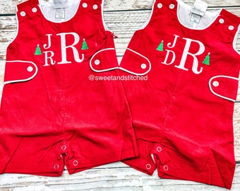 Personalized Baby Boy Christmas jon jon - red corduroy monogrammed Christmas outfit, 1st Christmas outfit personalized, Christmas jon jon