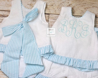 Baby girl swing back bloomer set in aqua, Monogrammed baby girl outfit, baby bloomer set, personalized swing back set