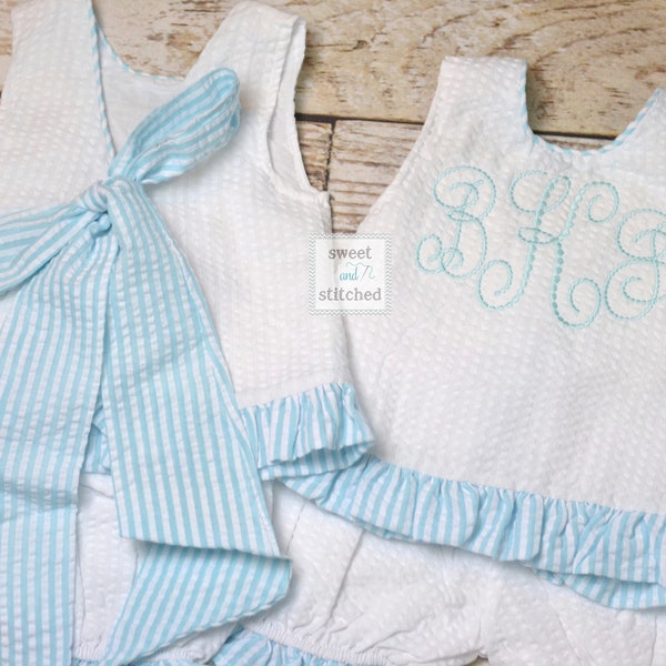 Baby girl swing back bloomer set in aqua, Monogrammed baby girl outfit, baby bloomer set, personalized swing back set