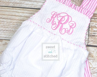 Monogrammed baby girl seersucker romper, girls cross backed bubble, girls summer romper, 1st birthday cake smash outfit, church outfit