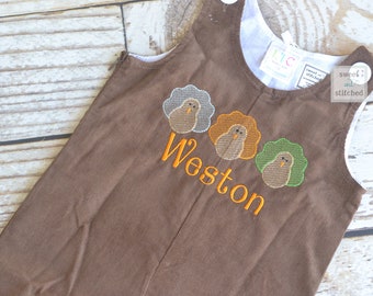 Baby Boy thanksgiving outfit with turkeys and name in vintage style, boys corduroy overalls personalized, Monogrammed thanksgiving longall
