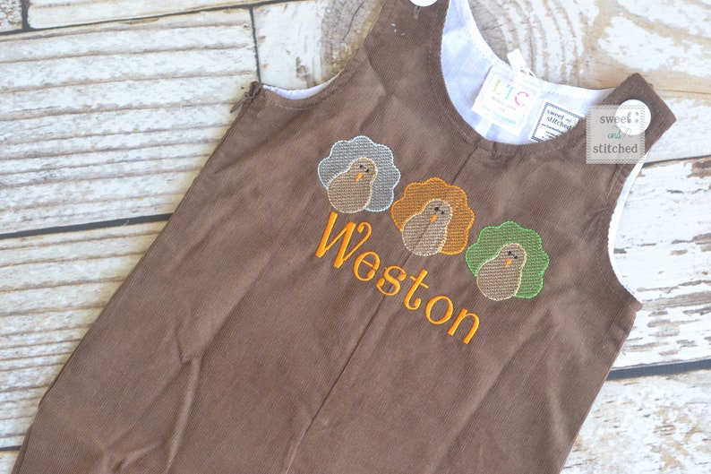 Baby Boy thanksgiving outfit with turkeys and name in vintage style, boys corduroy overalls personalized, Monogrammed thanksgiving longall 