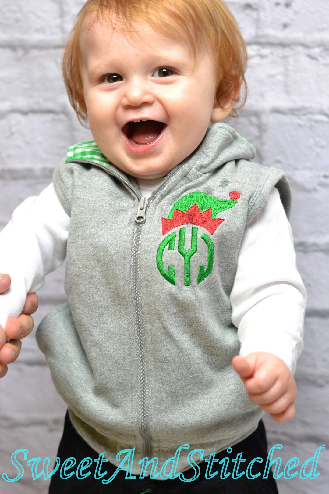 Monogrammed Boys Christmas Vest, With Elf Design and Monogram in Gray