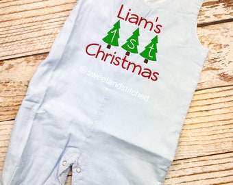 Personalized Baby Boy 1st Christmas outfit - monogrammed Christmas corduroy overalls in light blue.