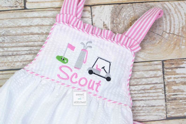 Monogrammed baby girl ruffle bubble with golf theme, golf themed birthday outfit, 1st birthday golf cake smash outfit, Summer Beach Outfit image 2