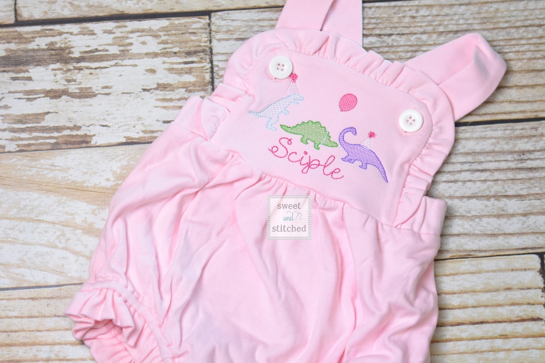 Monogrammed Baby Girl Birthday Romper With Dinosaurs, Dinosaur Birthday