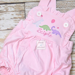 Monogrammed baby girl Birthday romper with dinosaurs, dinosaur birthday outfit, dinosaur themed cake smash outfit, balloon birthday outfit