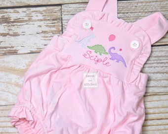 Monogrammed baby girl Birthday romper with dinosaurs, dinosaur birthday outfit, dinosaur themed cake smash outfit, balloon birthday outfit