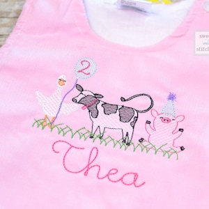 Baby girl monogrammed farm animal birthday jumper dress, monogrammed farm birthday party outfit, cow birthday cake smash