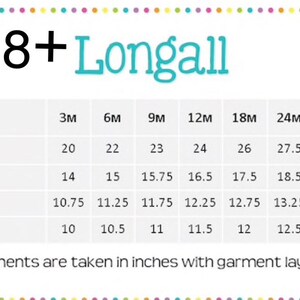 May include: A chart showing size measurements in inches for a longall, a type of baby clothing, in sizes 3 months to 3T. The chart includes measurements for length, crotch length, hip width, and chest width.