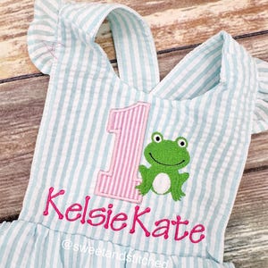 Monogrammed baby girl birthday bubble romper with frog, frog 1st birthday outfit, personalized frog themed cake smash outfit