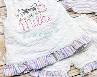 Monogrammed farm baby girl cake smash swing bloomer set with farm animal design and name, girls birthday outfit, farm cake smash outfit