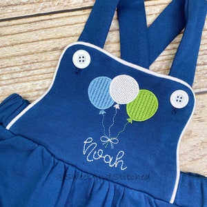 Monogrammed baby boy Birthday romper with balloons in navy, personalized boys bubble, boys cake smash outfit, balloon birthday outfit