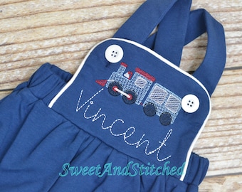 Monogrammed baby boy train outfit, monogrammed boys romper, 1st birthday train outfit, train cake smash outfit, boys cross backed bubble