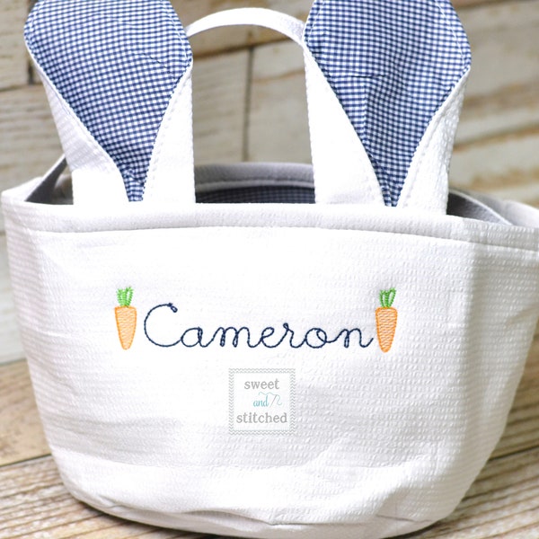 Monogrammed Easter baskets in white seersucker with carrot design, easter baskets personalized, seersucker tote bags monogrammed