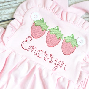 Monogrammed baby girl pink ruffle bubble with strawberries, girls strawberry outfit, 1st birthday cake smash outfit, Summer Beach Outfit