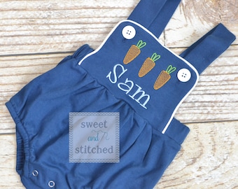 Monogrammed boys easter romper in navy blue, Boys easter outfit with carrots, baby boy bubble romper, baby boy easter carrot romper